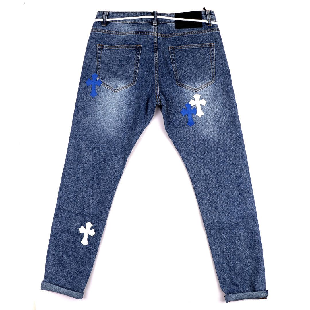 C.L Hearts Leather Cross Patch Denim Jeans -Blue - Obeezi.com