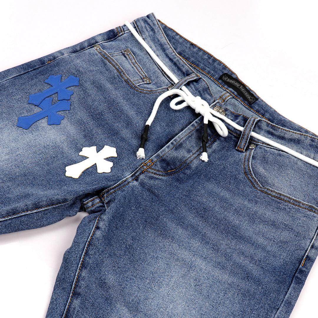 C.L Hearts Leather Cross Patch Denim Jeans -Blue - Obeezi.com