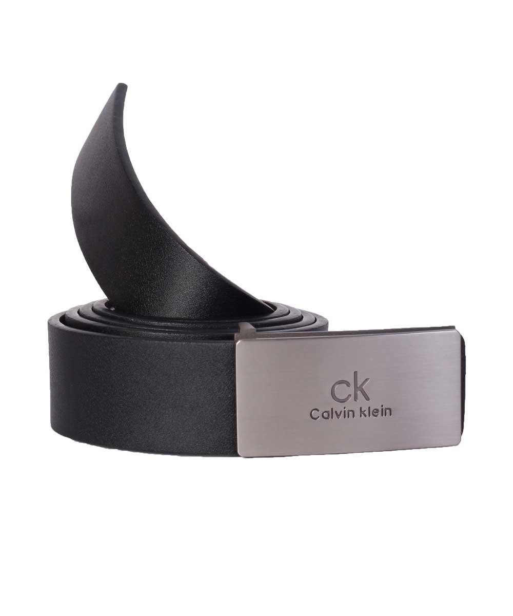 Calvin Klein silver Plaque With BlacK Leather Belt - Obeezi.com