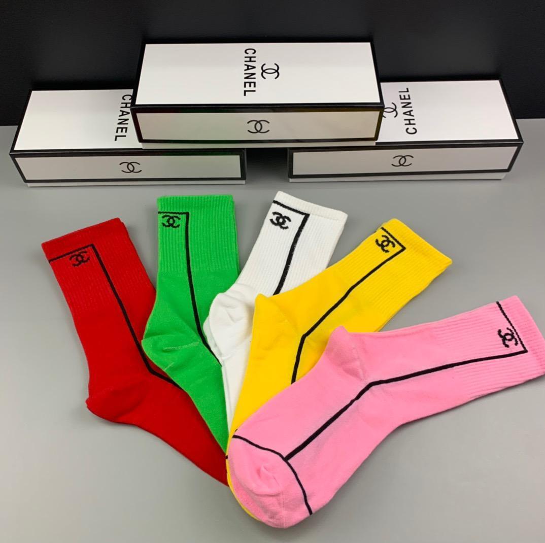 Chan Logo Designed Cotton 5 in 1 Blue, Yellow, Pink, Green And Purple Socks - Obeezi.com