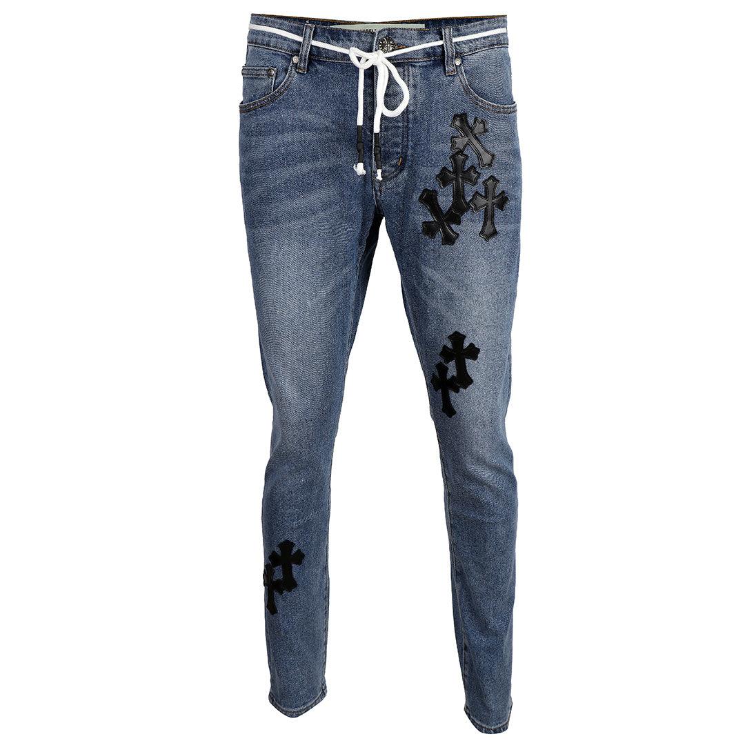 Chrome Luxurious Cross Patchwork Design Men's Denim Jeans- Blue - Obeezi.com