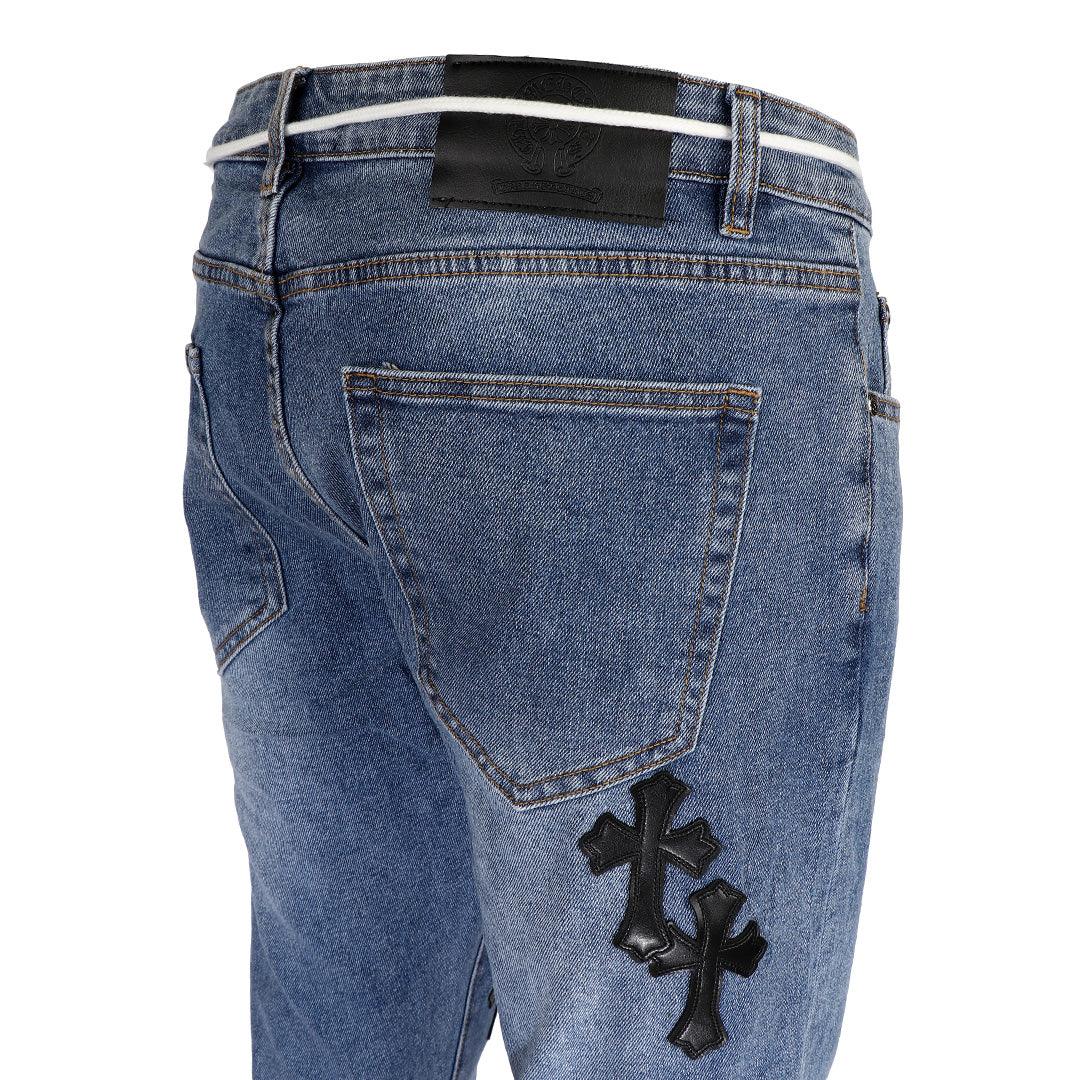 Chrome Luxurious Cross Patchwork Design Men's Denim Jeans- Blue - Obeezi.com