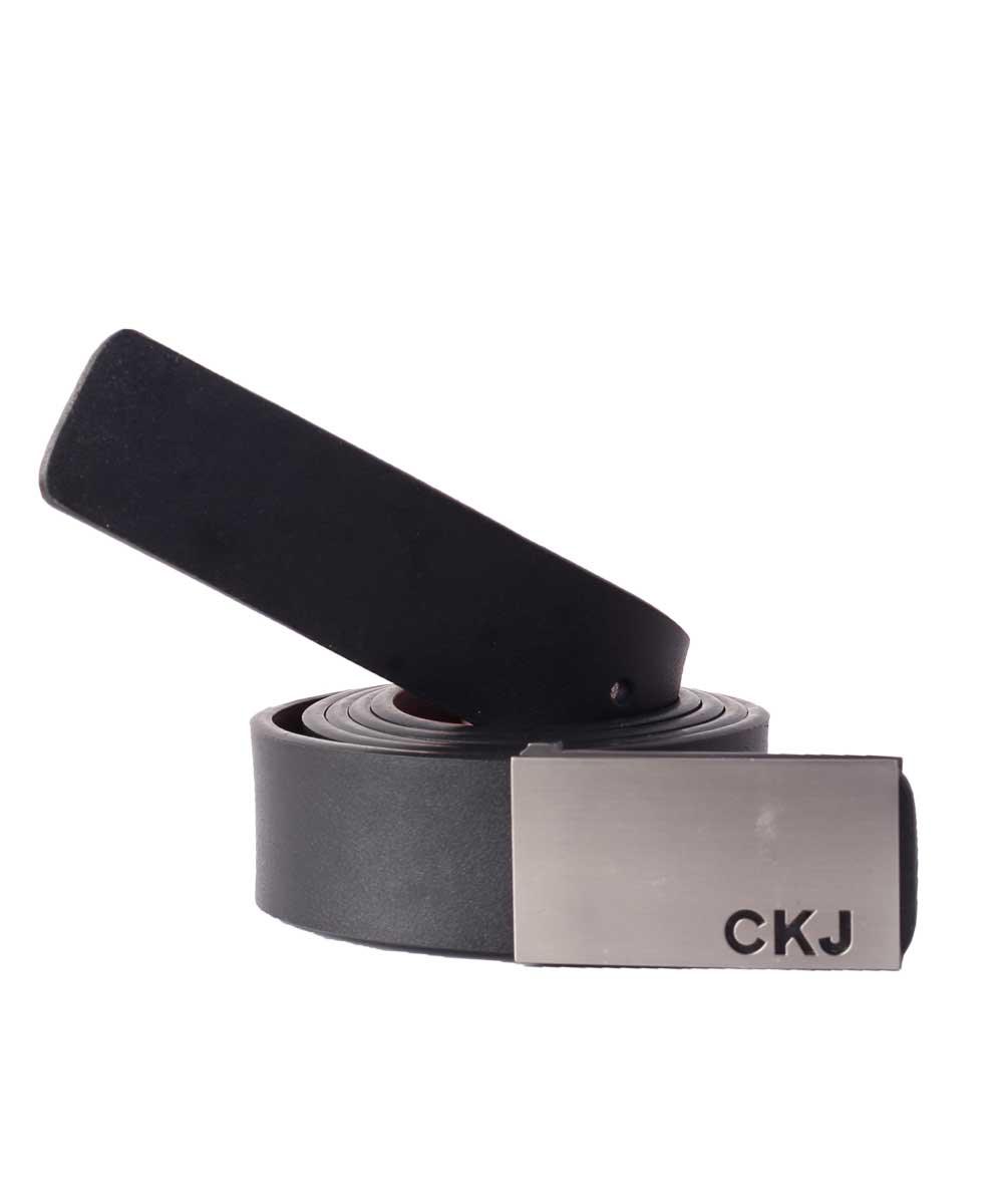 CKJ Calvin Klein Jeans Silver Head Black Leather Buckle Belt - Obeezi.com