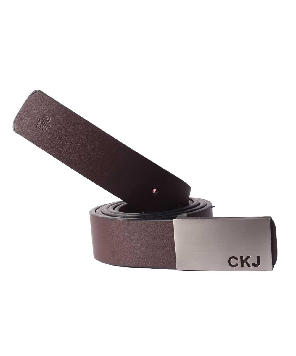 CKJ Calvin Klein Jeans Silver Head Brown Leather Buckle Belt - Obeezi.com