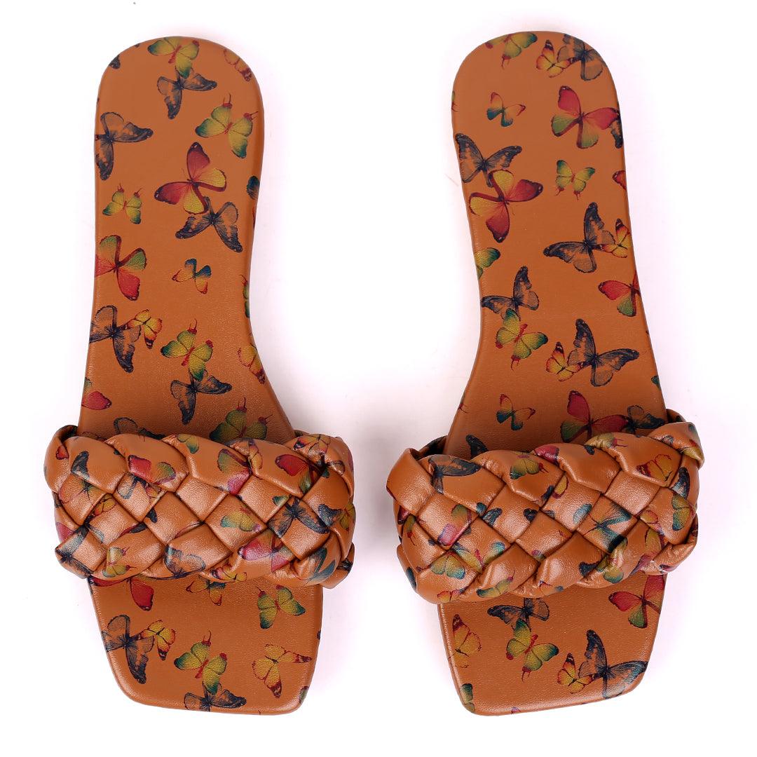 Classic Butterfly Brown Printed Braid Strap Designed Slippers - Obeezi.com