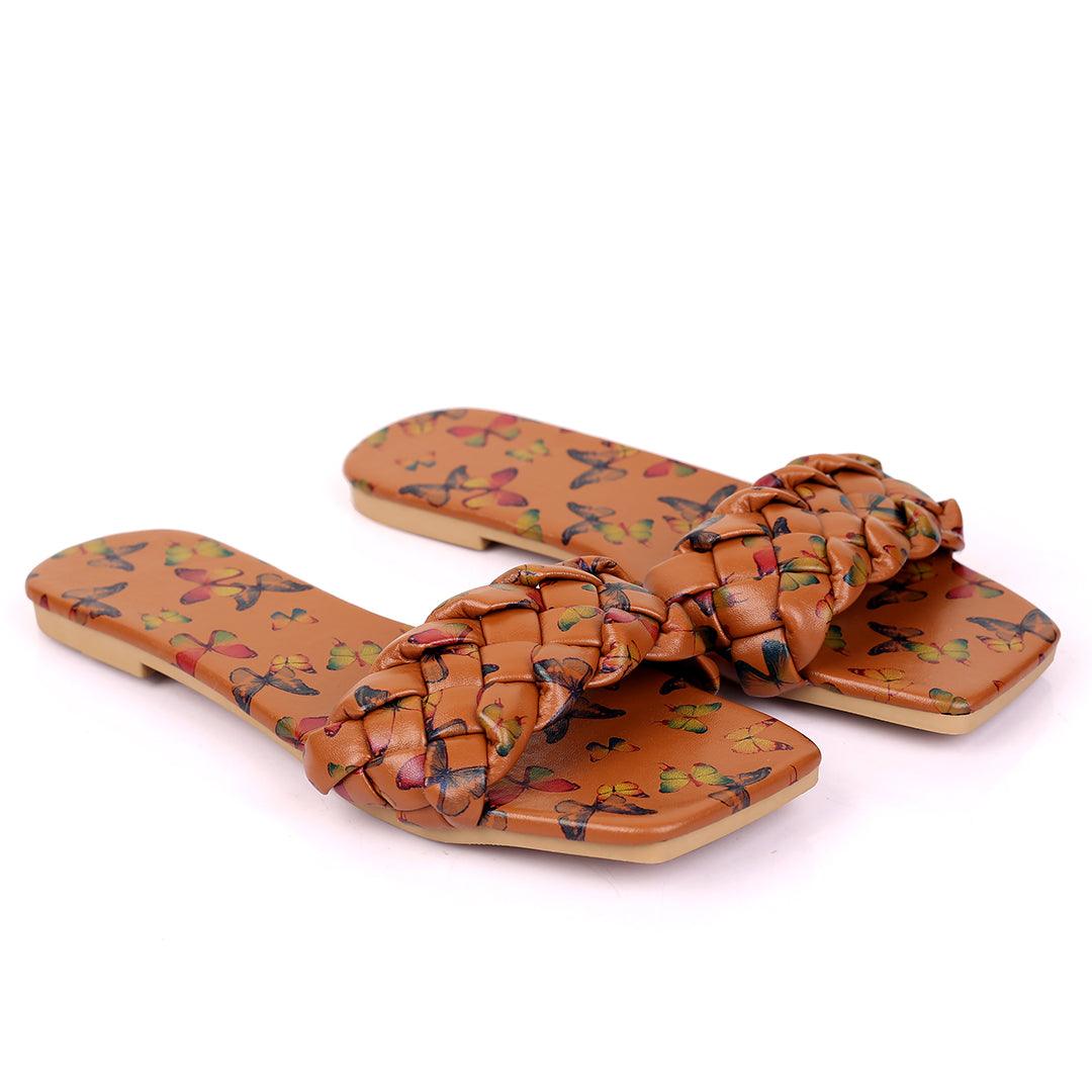 Classic Butterfly Brown Printed Braid Strap Designed Slippers - Obeezi.com