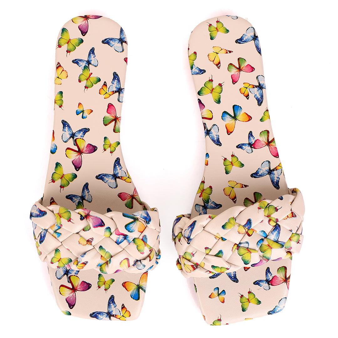 Classic Butterfly Printed Braid Strap Designed Slippers Brown - Obeezi.com