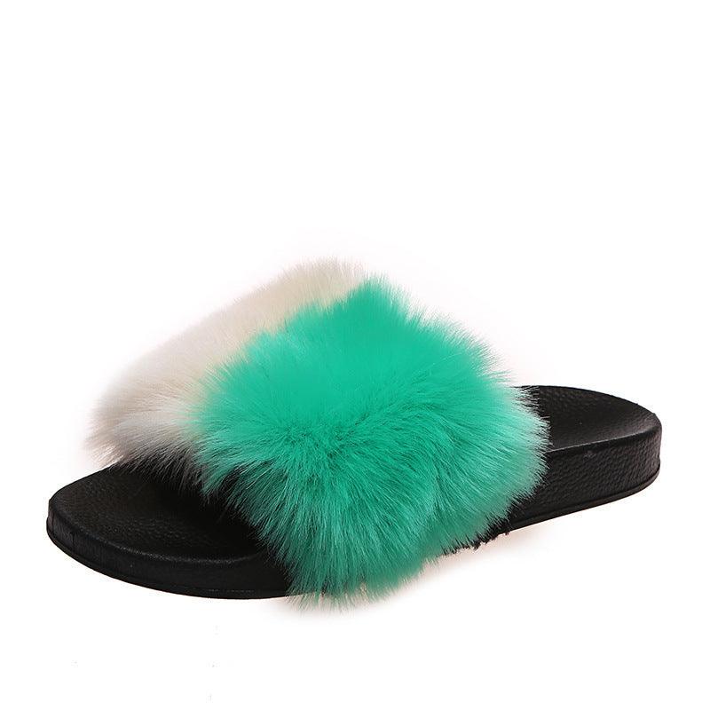 Classic Fur Designed Women's Slide Slipper- Green And Cream - Obeezi.com