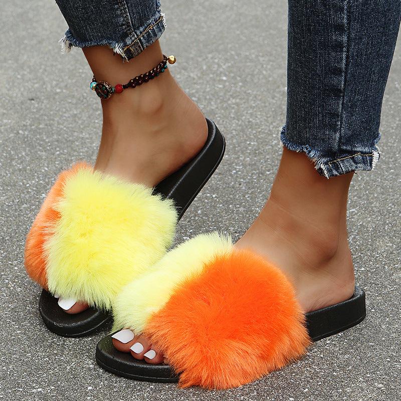 Classic Fur Designed Womens Slide Slipper- Orange And Yellow - Obeezi.com