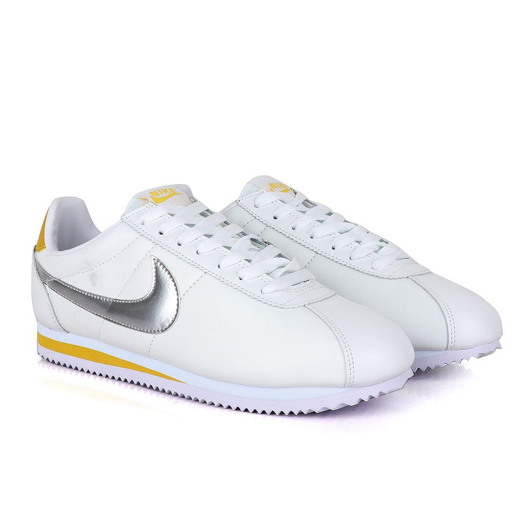 Classic Nk Cortez Prem White and Silver Sneakers - Obeezi.com