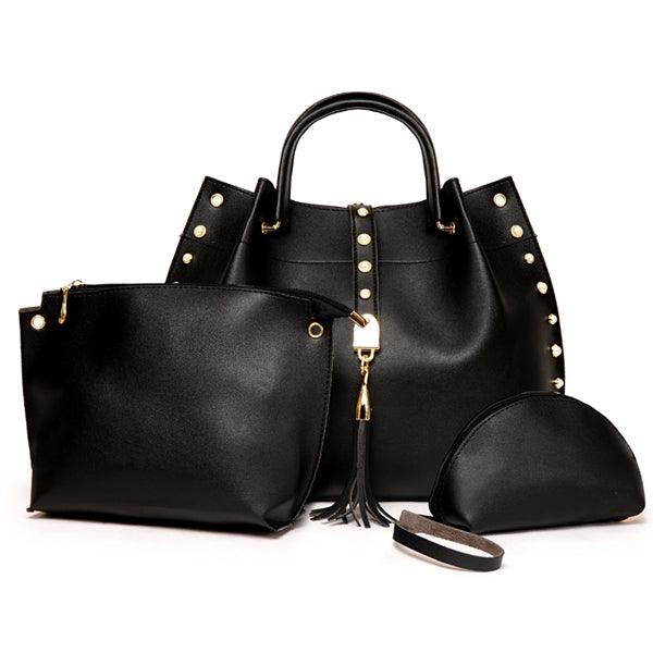 Classy Leather Luxury Design 3pcs Woman Black Handbag - Obeezi.com