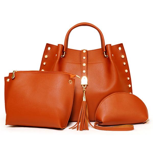 Classy Leather Luxury Design 3pcs Woman Brown Handbag - Obeezi.com