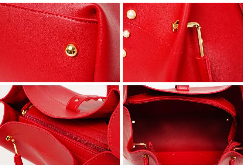 Classy Leather Luxury Design 3pcs Woman Red Wine Handbag - Obeezi.com