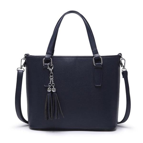 Collic With Tassel In Front Genuine Leather Handbag-Navy Blue - Obeezi.com