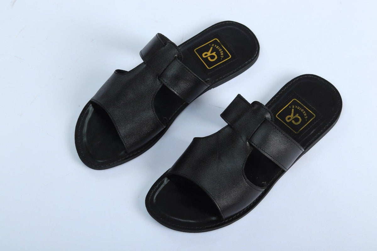 Credible Black Leather Comfortable Insoles Handmade Slippers - Obeezi.com