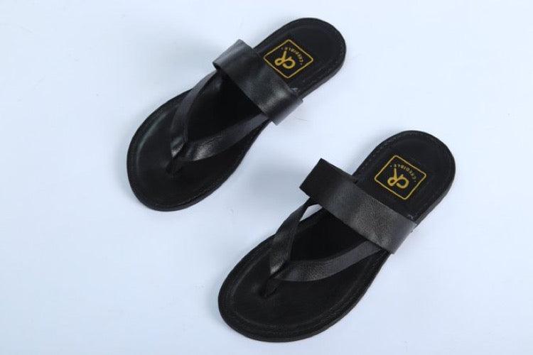 Credible Black Leather Strapped Divided Toe Handmade Slippers - Obeezi.com