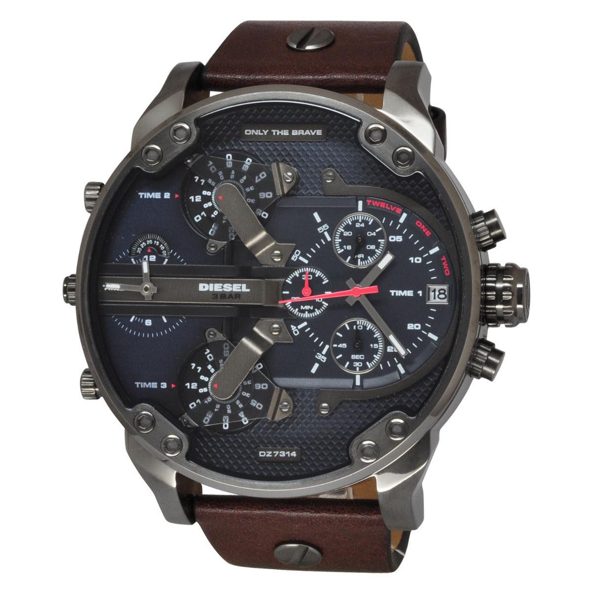 Diesel DZ7314 Mr Daddy Dual Time Chronograph Navy Blue Dial Leather Men's Watch - Obeezi.com
