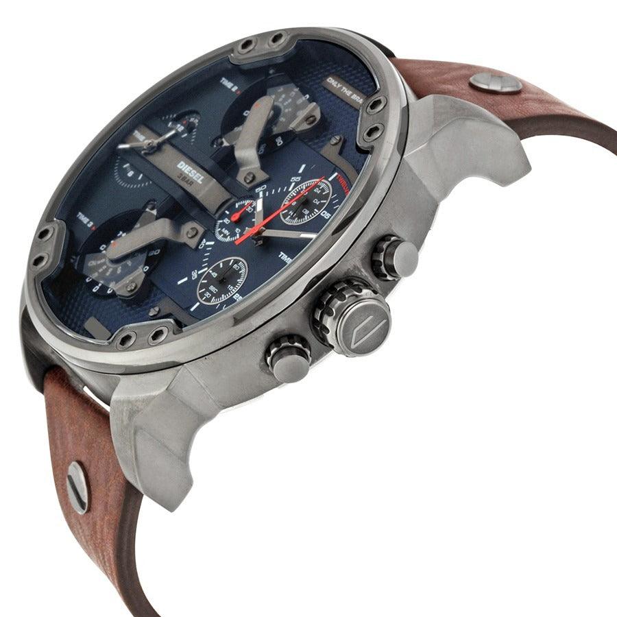 Diesel DZ7314 Mr Daddy Dual Time Chronograph Navy Blue Dial Leather Men's Watch - Obeezi.com