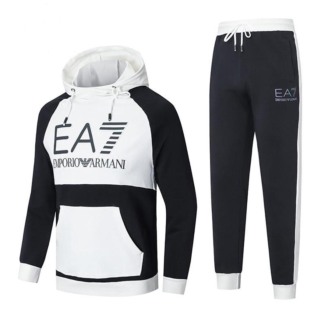 EA7 Men's Hooded Full Front Designed Tracksuit Set-White - Obeezi.com