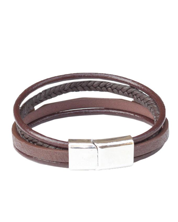Edforce Unisex Triple Strand Woven Leather Brown Bracelet - Obeezi.com