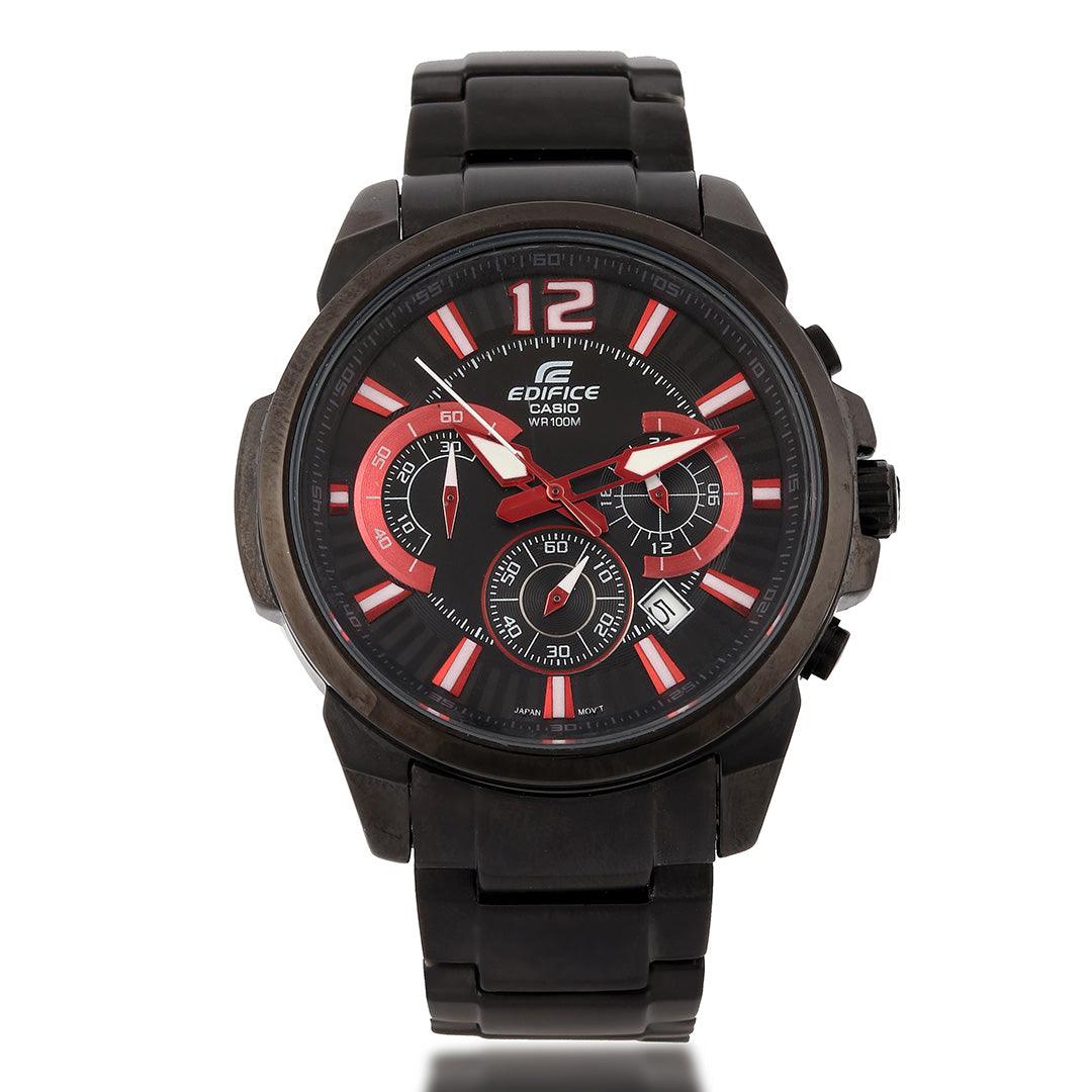 Edifice Casio Chronograph Black Stainless Steel Watch With Red Dial - Obeezi.com