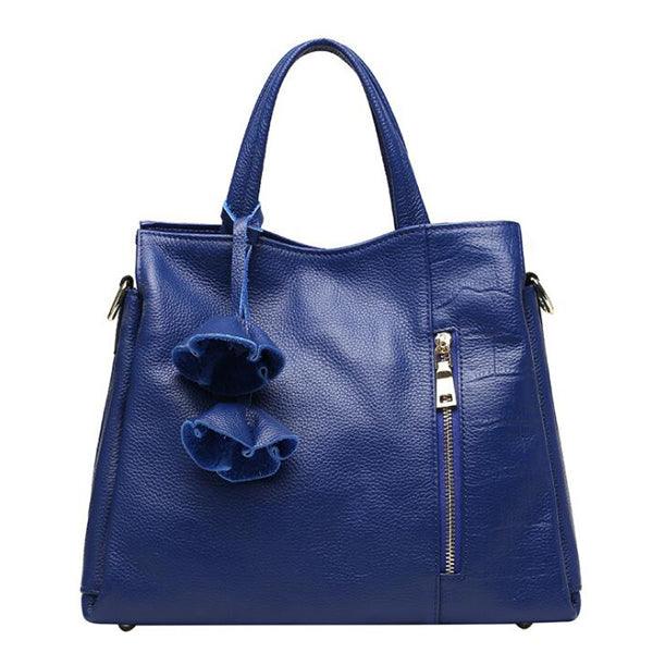 Fashion Genuine Leather tote handbags with flowers for ladies-Navy Blue - Obeezi.com