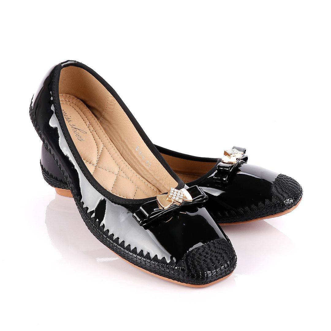 Fashionable Classic Crested Black Gloss Women's Flat Shoe - Obeezi.com
