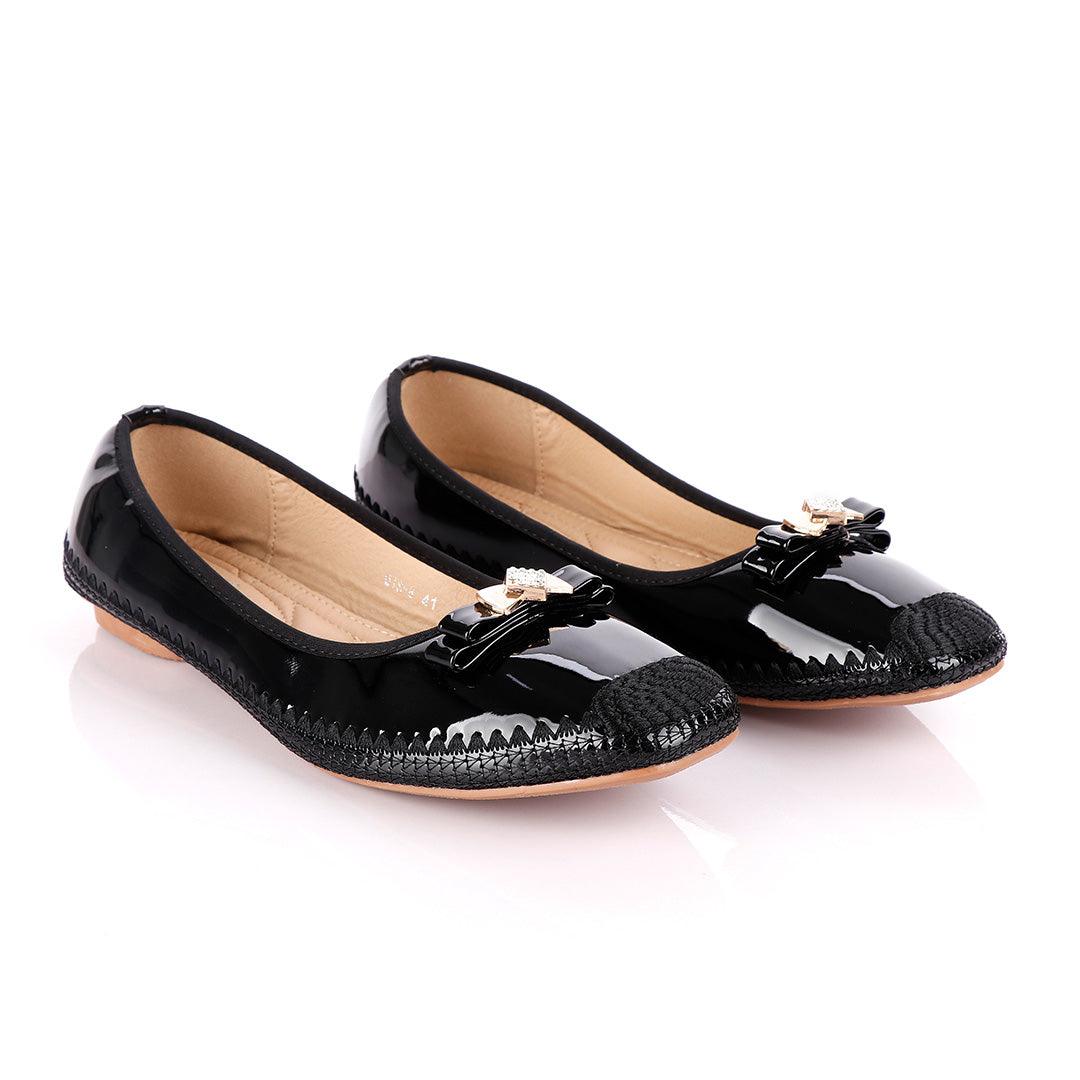 Fashionable Classic Crested Black Gloss Women's Flat Shoe - Obeezi.com