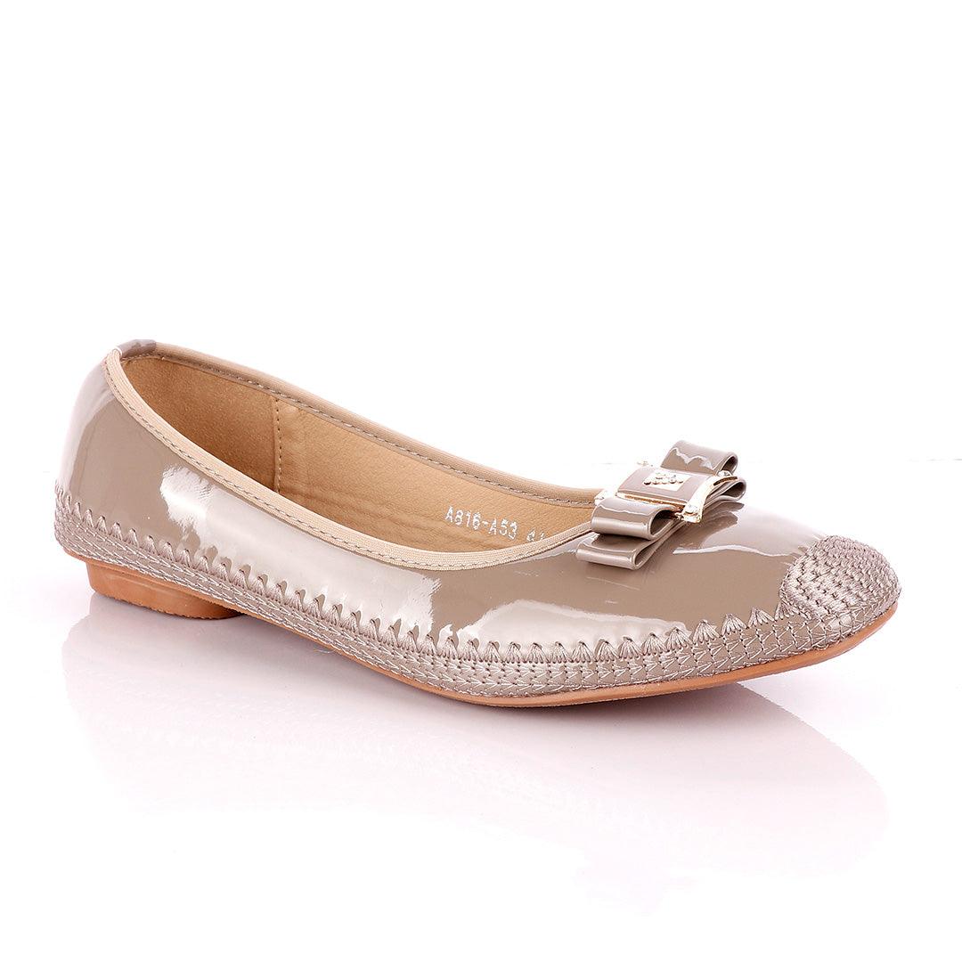 Fashionable Classic Crested Khaki Gloss Women's Flat Shoe - Obeezi.com