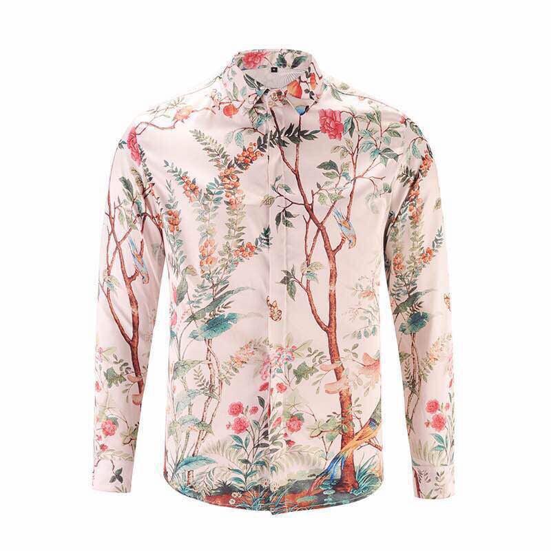 Floral-Print Bonded Longsleeve Shirt -White - Obeezi.com