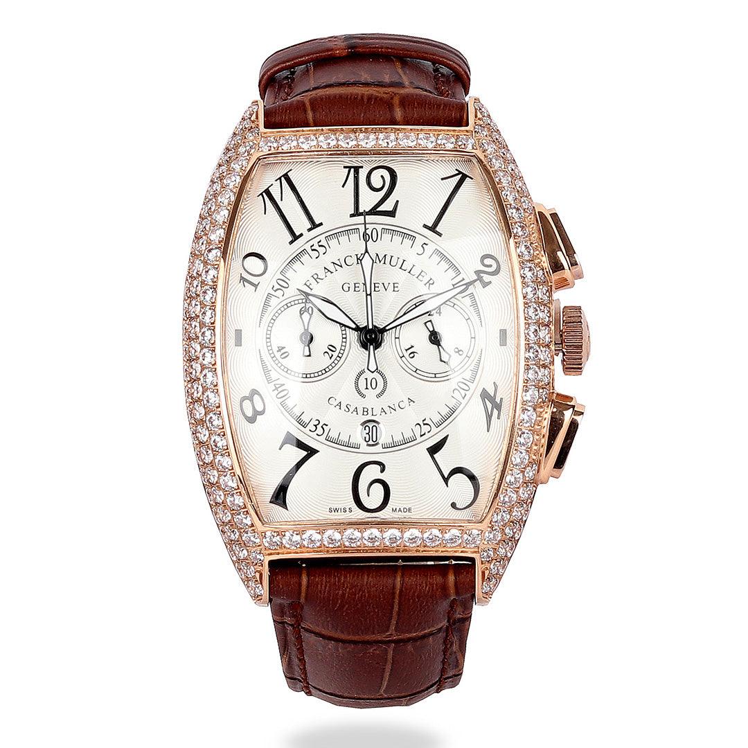 Frank Muller Geneve Iced Head Brown Leather Watch - Obeezi.com