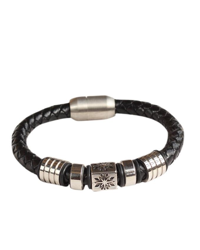 Geniune leather woven plaited bracelet with star on block box head - Obeezi.com