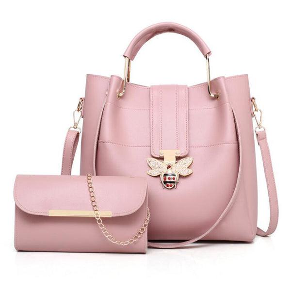 Genuine Leather Metal Butterfly Women Pink Handbag Set - Obeezi.com
