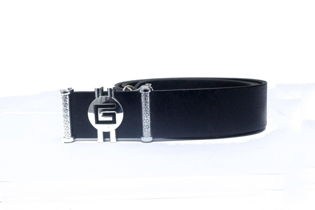 GG Men's Silver Logo Black Leather Belt - Obeezi.com