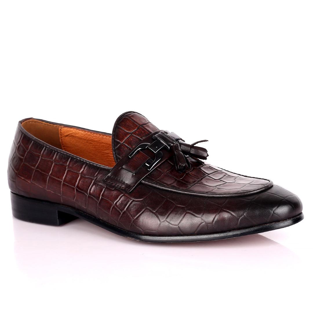 Gian Classic Tassel And Croc Designed Coffee Leather Shoe - Obeezi.com