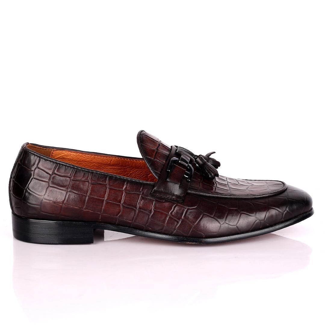 Gian Classic Tassel And Croc Designed Coffee Leather Shoe - Obeezi.com