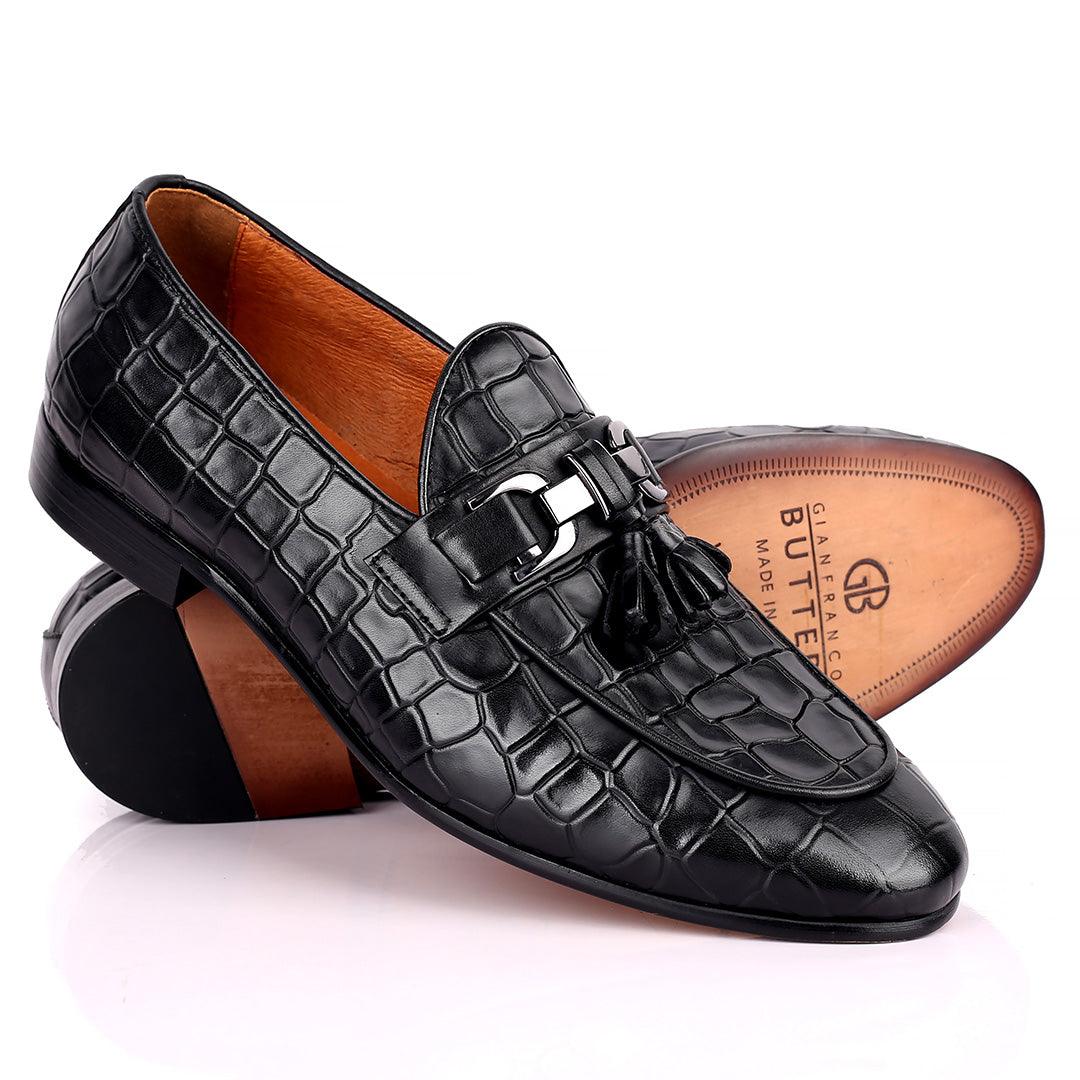 Gian Classic Tassel And Croc Designed Leather Shoe - Black - Obeezi.com
