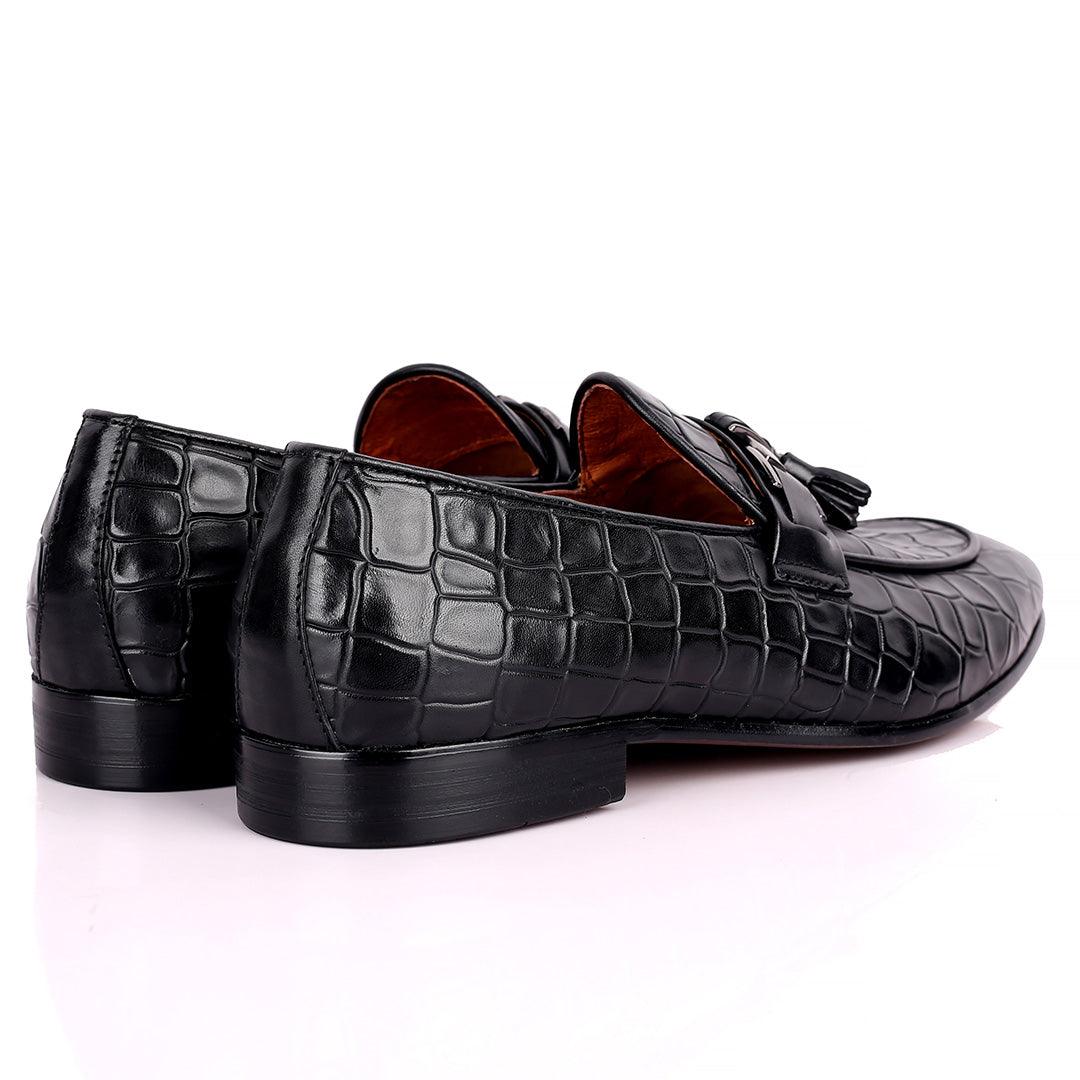 Gian Classic Tassel And Croc Designed Leather Shoe - Black - Obeezi.com