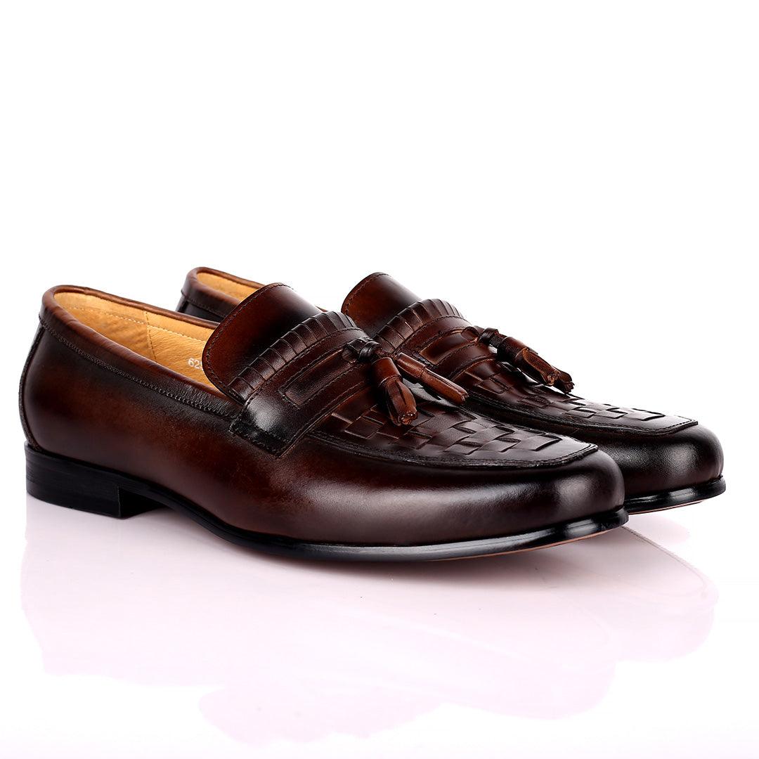 Gian Elegant Checkers And Fringe Designed Loafers Shoe - Coffee - Obeezi.com