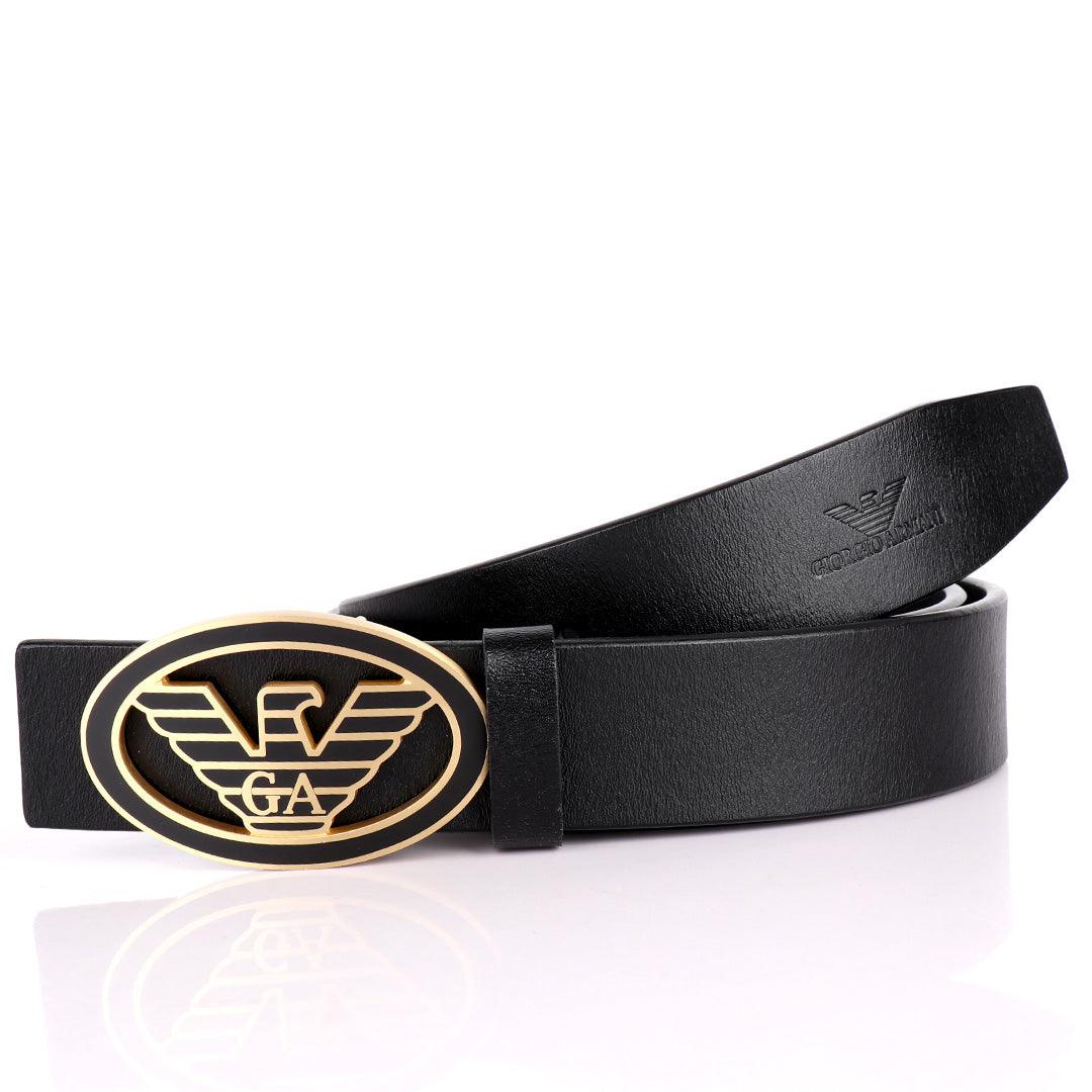 Giorgio Armani Golden Eagle In Oval Logo Genuine Leather Black Belt - Obeezi.com
