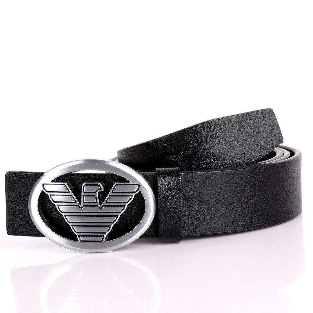 Giorgio Armani Silver Eagle In Oval Logo Genuine Leather Black Belt - Obeezi.com