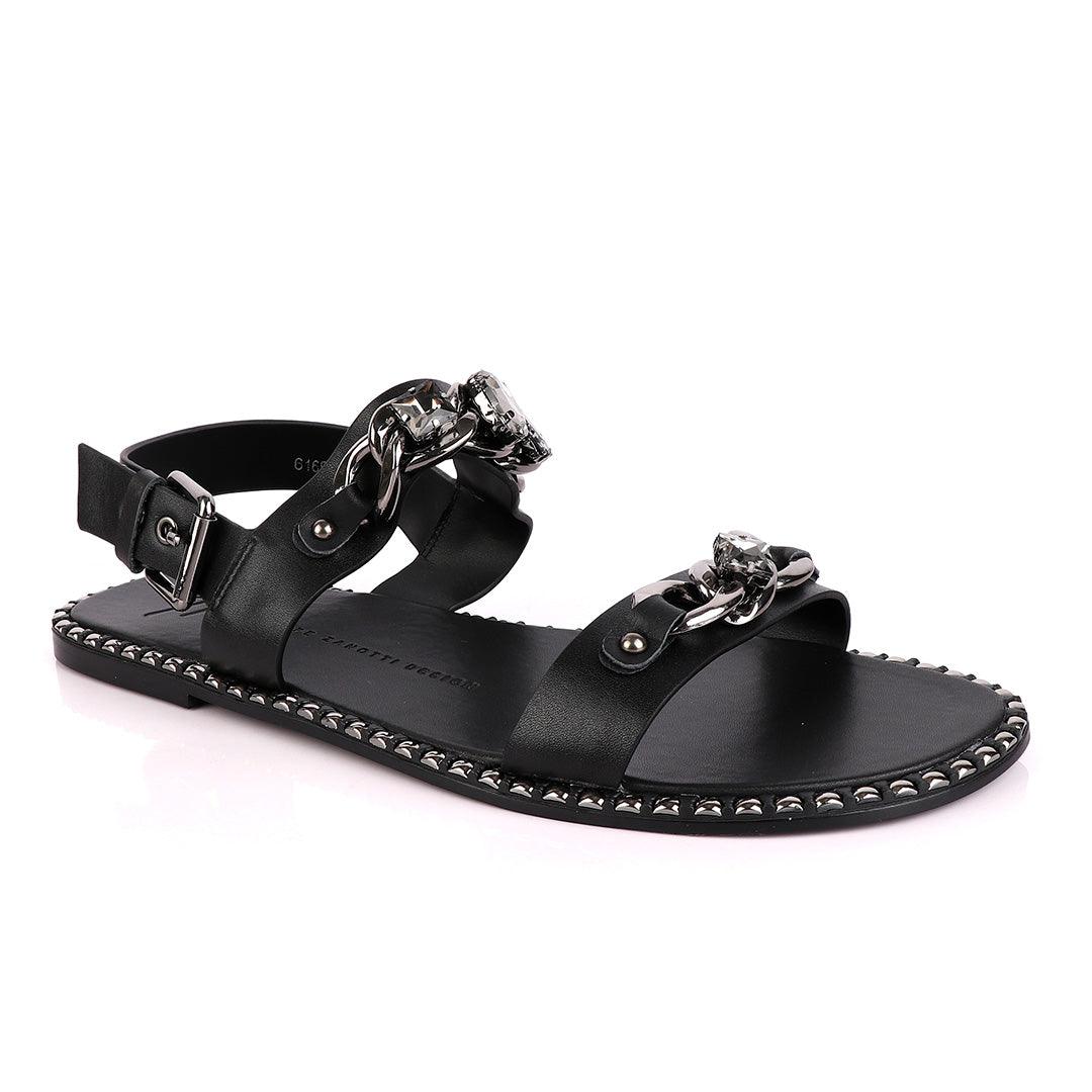 Giuseppe Zanotti Black Chain Double Stone Leather Sandal - Obeezi.com