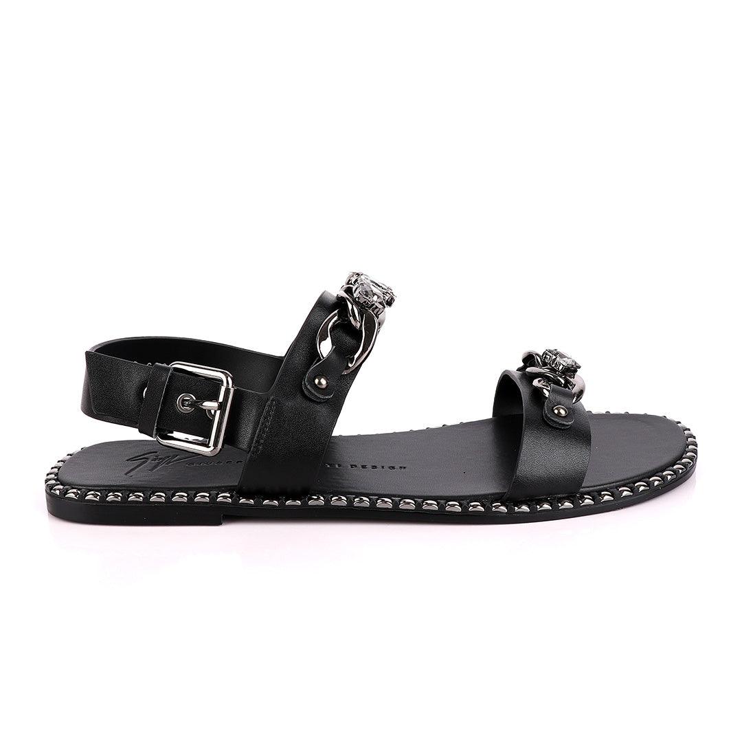 Giuseppe Zanotti Black Chain Double Stone Leather Sandal - Obeezi.com