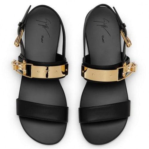Giuseppe Zanotti Black Gold Ski-Buckle Leather Sandal - Obeezi.com