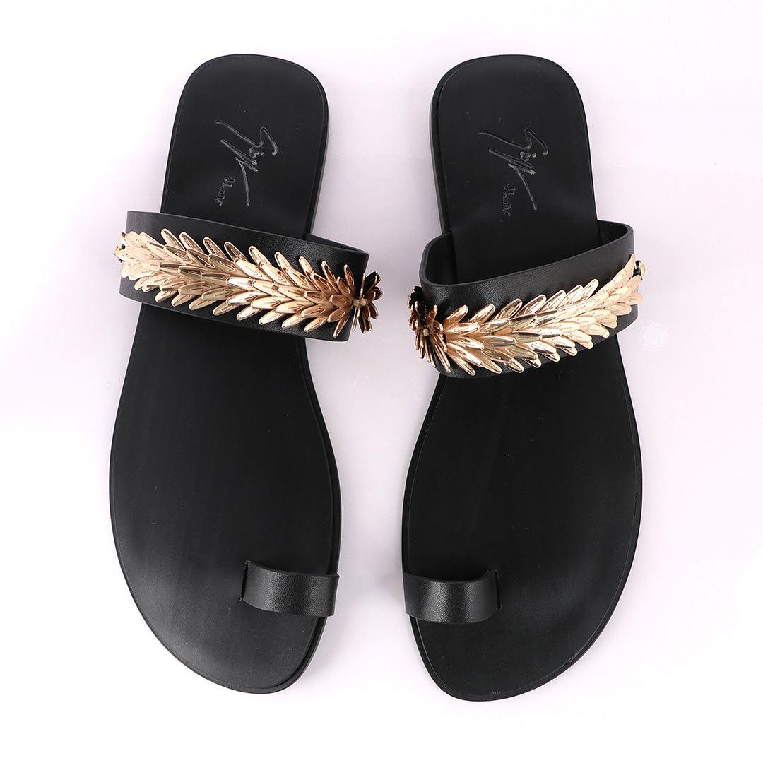 Giuseppe Zanotti Black Ring Flat Gold Strap Sandals - Obeezi.com