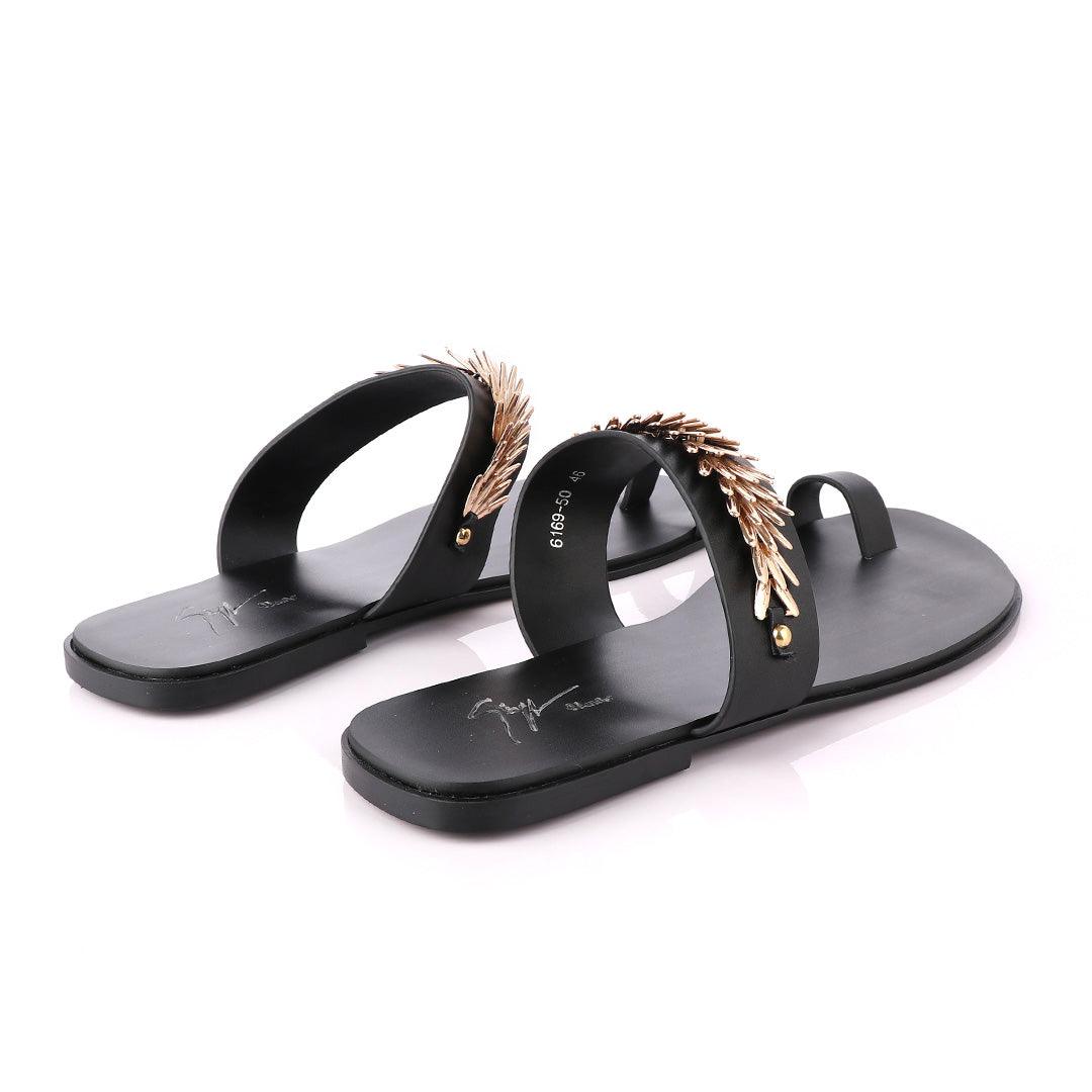 Giuseppe Zanotti Black Ring Flat Gold Strap Sandals - Obeezi.com