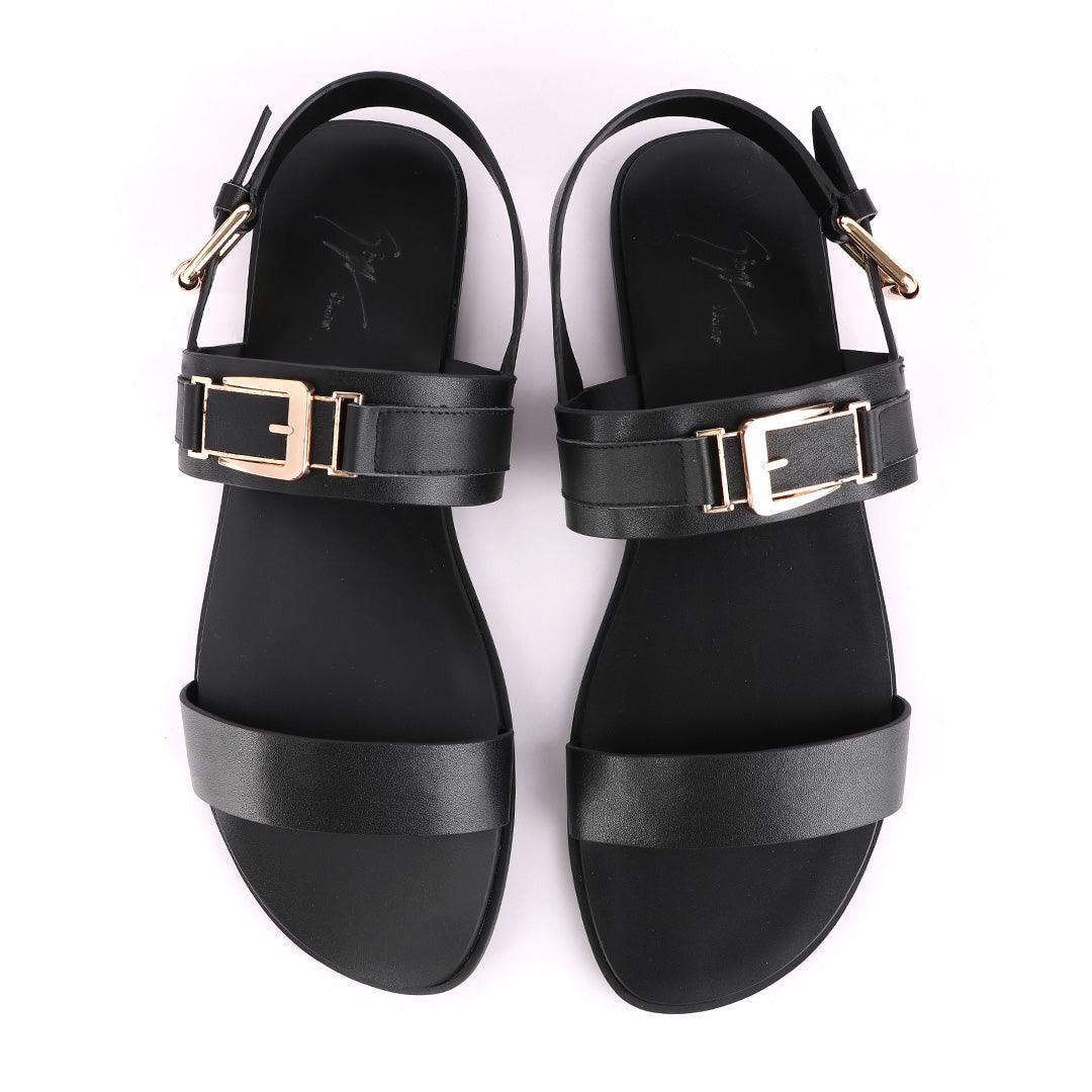 Giuseppe Zanotti Gold Buckle Black Leather Sandal - Obeezi.com