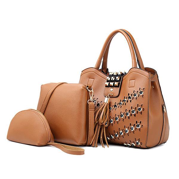 Golden metalic Design 3 in 1 woman Brown Handbags - Obeezi.com