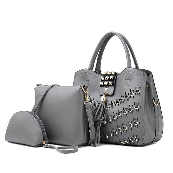 Golden metalic Design 3 in 1 woman Khaki Handbags - Obeezi.com