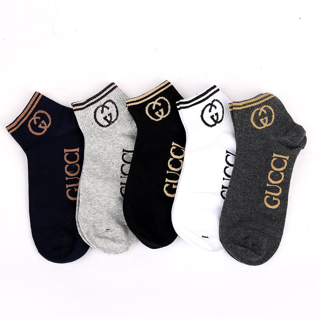 Guc 5 In 1 Cotton Logo Designed Black, Grey, Ash And Black Socks - Obeezi.com